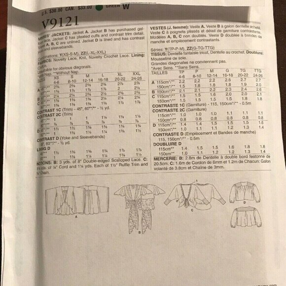 Sewing Pattern Vogue V9121 Elizabeth Gillett Jacket Shrugs Boleros L-XXL16-26 UC - Picture 8 of 10